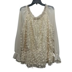 Badgely Mischka American Glamour Mesh Overlay Bow Blouse Size 3X Cream Feminine
